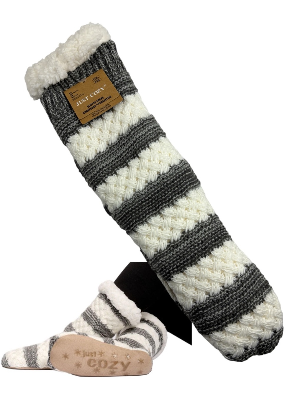 Just Cozy Womens Cozy Knit Slipper Socks Gray Stripe Size Small (5-8) NWT